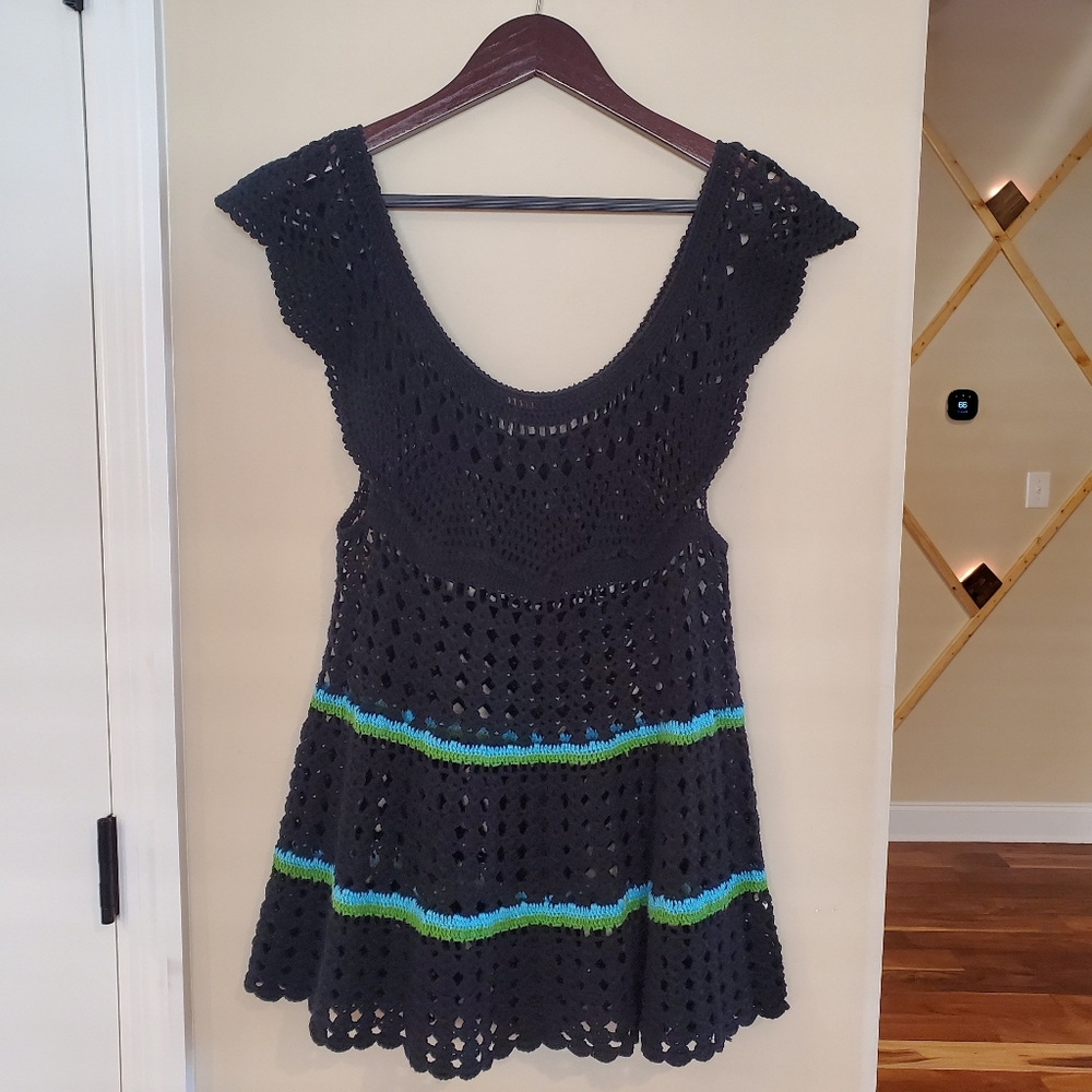 Free People Crochet Open Knit Black Tank Top Size Medium